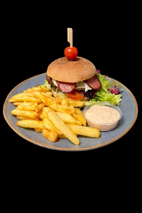 Burger topped with cherry tomato, served with golden fries, fresh greens, and mayo sauce on a gray plate