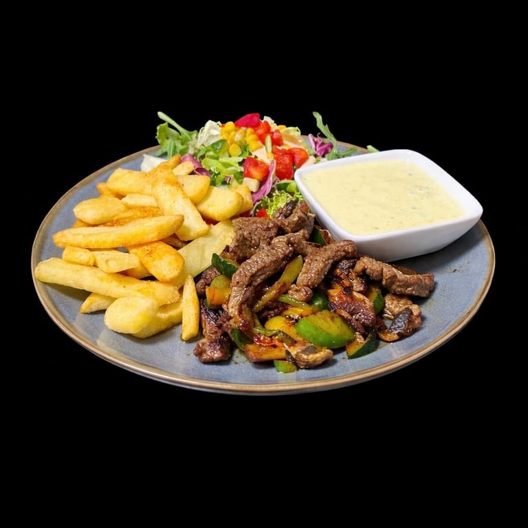 Grilled beef strips with golden fries, fresh salad, and creamy sauce on a gray plate with black background