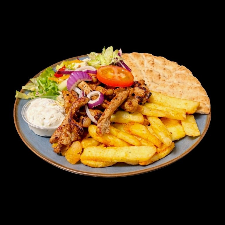 Plate of Turkish kebab with fresh vegetables, French fries, pita bread, and white sauce on black background